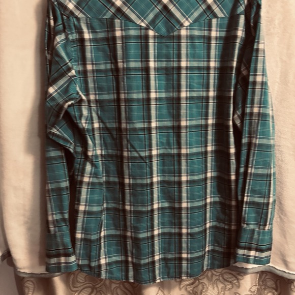 Wrangler mens large teal plaid Pearl Snap Western Shirt Long Sleeve Cowboy Rodeo - Picture 6 of 9